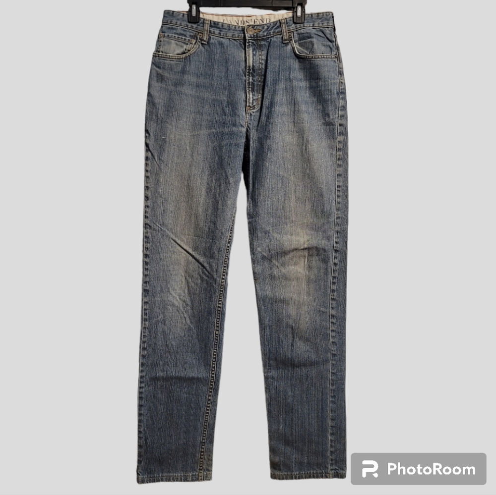 Vintage Lands' End Jeans Mens Tall 34x36 Blue Traditional Fit Tapper Distressed